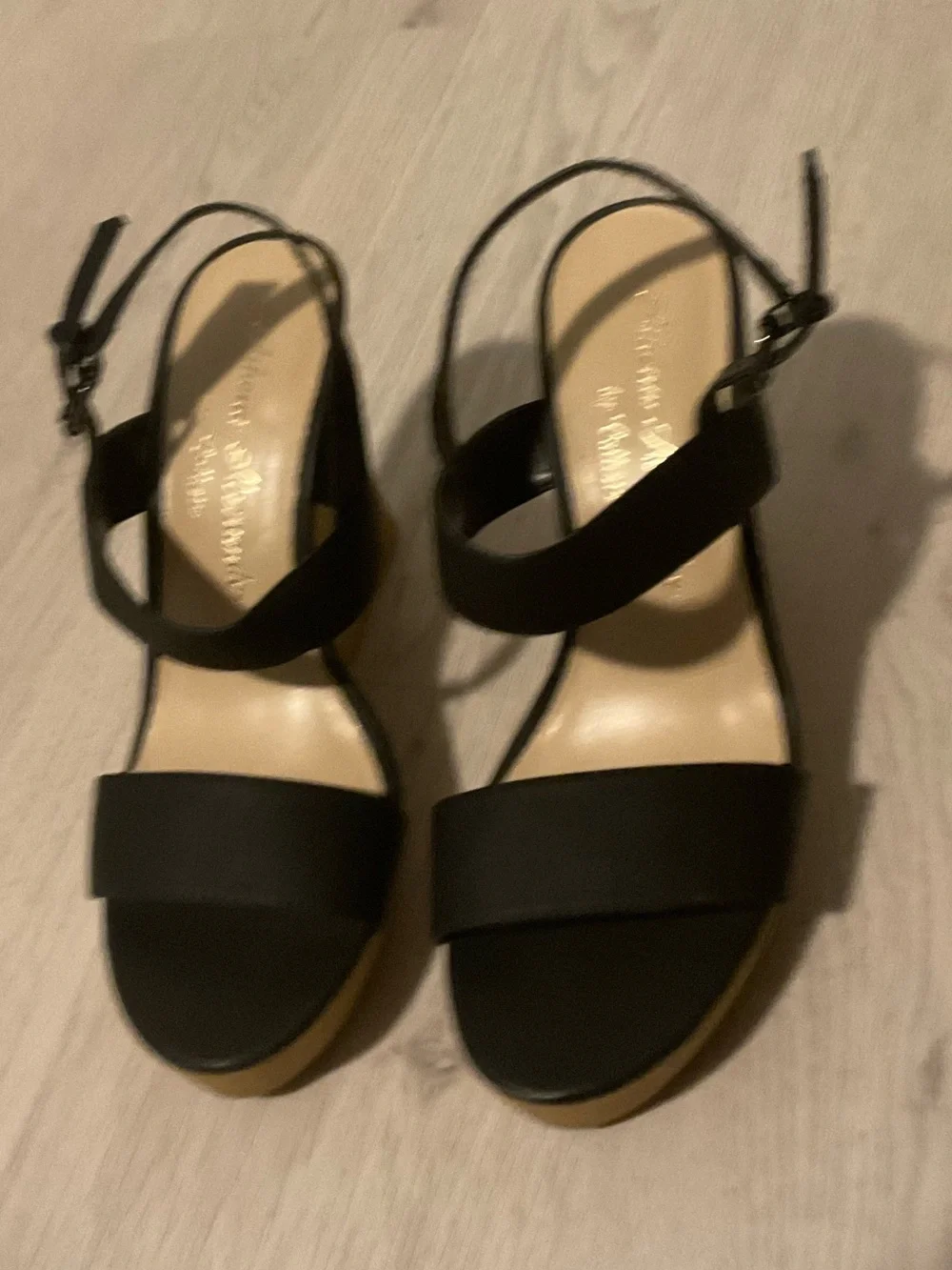 Athena Alexander Black Platform Wedge Sandals with Tan Platform